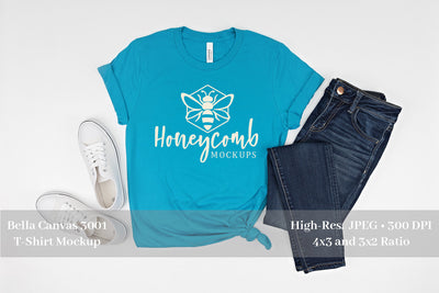 Aqua Bella Canvas 3001 T-Shirt Mockup, Women's T-Shirt Mockup Mock Up Photo Honeycomb Mockups 