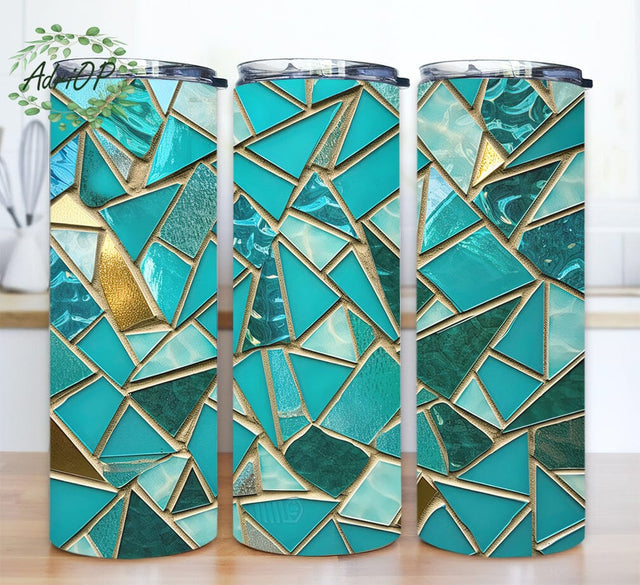 Aqua Sea Glass Mosaic Tiles 20oz Skinny Tumbler Png, Teal Tumbler, Seafoam Seaglass Tumbler, Sea Glass Mix Blue & Aqua Teal Glass Pieces Vase Fill Tumbler Sublimation BouDesign 