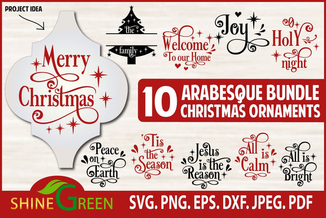 Arabesque SVG Bundle - 10 Christmas Ornaments, Jesus, Tree Monogram SVG Shine Green Art 