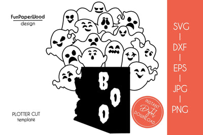 Arizona AZ state map Cute Halloween Boo cute scary ghosts faces SVG DXF EPS SVG FunPaperWood 