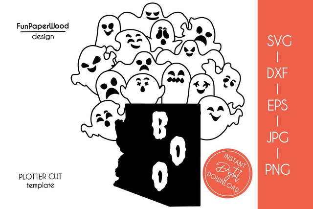 Arizona AZ state map Cute Halloween Boo cute scary ghosts faces SVG DXF EPS SVG FunPaperWood 