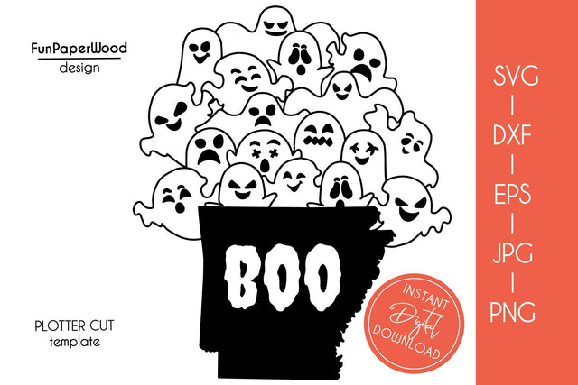 Arkansas AR state map Cute Halloween Boo cute scary ghosts faces SVG DXF EPS SVG FunPaperWood 