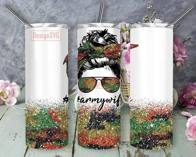 Army Wife Tumbler Png, Messy Bun Glitter Camo 20oz Skinny Tumbler, Army Sublimation Design, Army Glitter Camo, Glitter Camo Design Tumbler Template, Instant Download Sublimation DesignSVG 