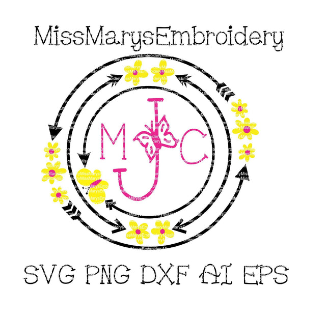 Arrow Butterfly Flower Monogram Frame SVG MissMarysEmbroidery 