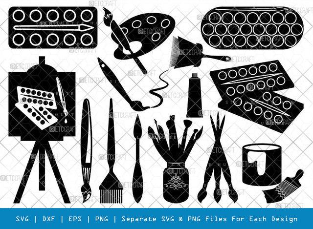 Artistic Accessories SVG Cut Files | Artistic Accessories Silhouette | Paint Palette Svg | Paint Brush Svg | Art Svg | Painting Stand Svg | Artistic Accessories Bundle SVG ETC Craft 