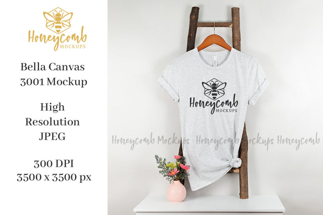 Ash Bella Canvas 3001 Mockup, Hanging Ladder Mockup, Women's T-Shirt Mockup, Boho T-Shirt Mockup Mock Up Photo Honeycomb Mockups 