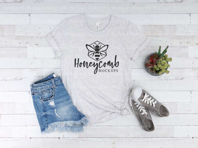 Ash Bella Canvas 3001 Mockup, Women's Summertime T-Shirt Mockup Mock Up Photo Honeycomb Mockups 