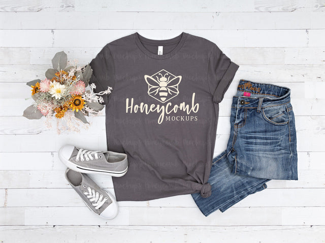 Asphalt Bella Canvas 3001 Mockup, Dark Grey T-Shirt Mockup Mock Up Photo Honeycomb Mockups 