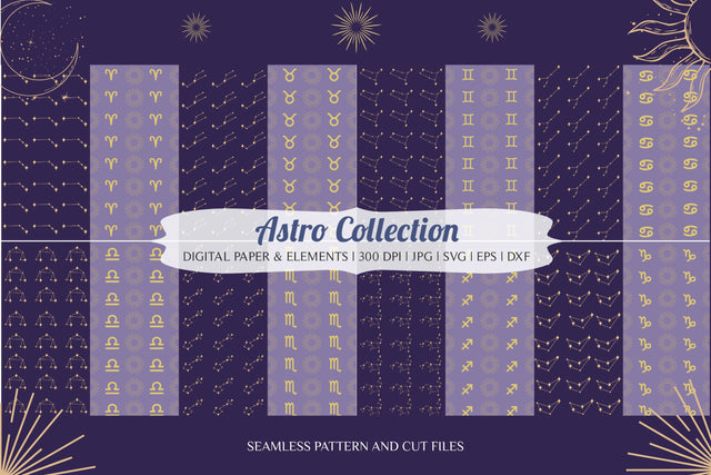 Astro Collection - Seamless Pattern Digital Paper & Zodiac Elements Vectors Cut Files SVG TheCrafterDepot 