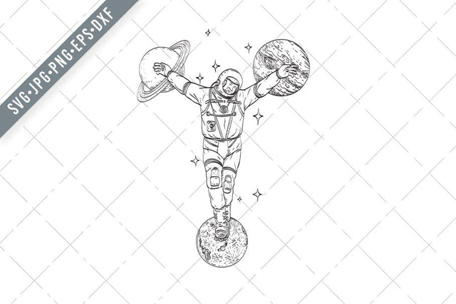 Astronaut Wearing Spacesuit Crucified on Planet Saturn Jupiter and Moon Line Art Drawing SVG Patrimonio Designs Limited 