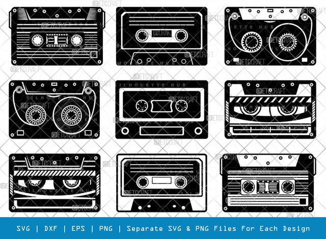 Audio Cassette SVG Cut Files | Audio Cassette Silhouette | Audio Tape Svg | Cassette Tape Svg | Music Cassette Svg | Damaged Tape Svg | Audio Cassette Bundle SVG ETC Craft 