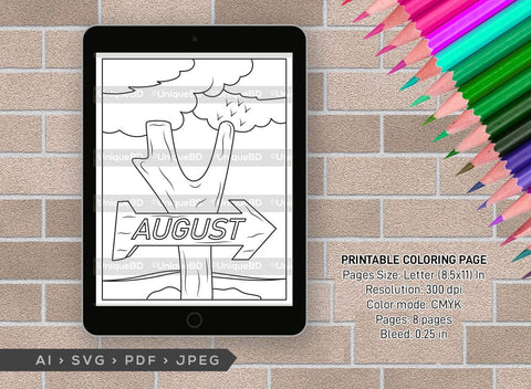 August Month Printable Coloring Page Bundle, PDF Colouring Book, Instant Download, CBP00018 SVG ETC Craft 