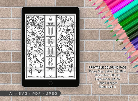 August Month Printable Coloring Page Bundle, PDF Colouring Book, Instant Download, CBP00018 SVG ETC Craft 