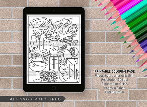 August Month Printable Coloring Page Bundle, PDF Colouring Book, Instant Download, CBP00018 SVG ETC Craft 