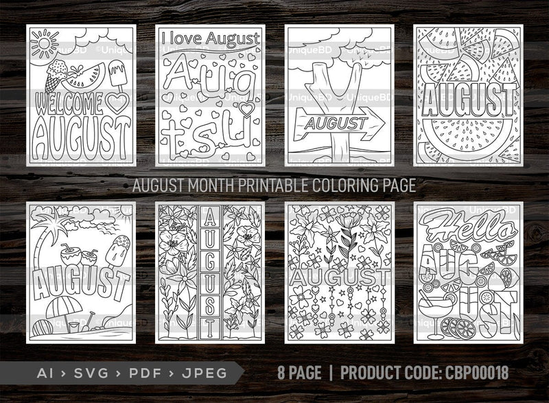 August Month Printable Coloring Page Bundle, PDF Colouring Book, Instant Download, CBP00018 SVG ETC Craft 