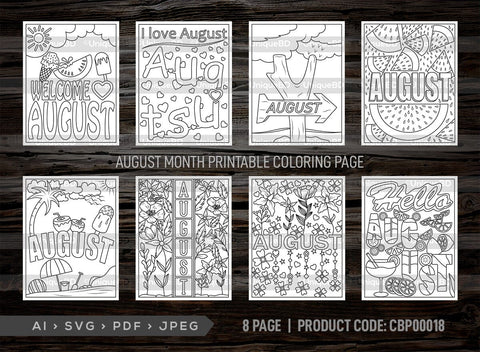August Month Printable Coloring Page Bundle, PDF Colouring Book, Instant Download, CBP00018 SVG ETC Craft 