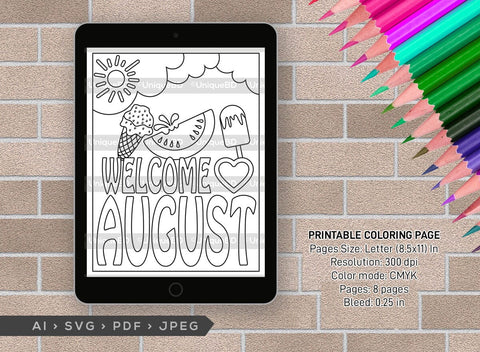 August Month Printable Coloring Page Bundle, PDF Colouring Book, Instant Download, CBP00018 SVG ETC Craft 