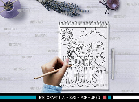 August Month Printable Coloring Page Cut File, PDF Colouring Book, Instant Download, CBP00018 SVG ETC Craft 