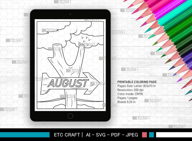 August Month Printable Coloring Page Cut File, PDF Colouring Book, Instant Download, CBP00018 SVG ETC Craft 
