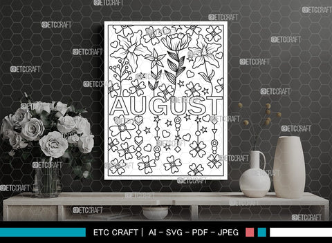August Month Printable Coloring Page Cut File, PDF Colouring Book, Instant Download, CBP00018 SVG ETC Craft 