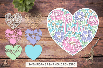 Auntie Flower Heart, 3D Auntie birthday card layered papercut 3D Paper Olga Boat Design 