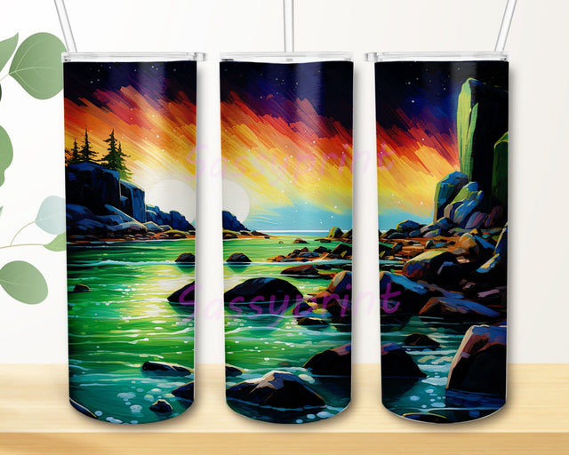 Aurora Borealis Over Coastal Rocks 20oz Skinny Tumbler Png, Aurora Borealis Northern Light Tumbler, Colorful Aurora Borealis Tumbler Png, Instant Download Png Sublimation sassyprint 