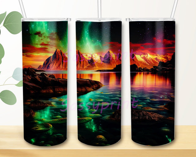 Aurora Borealis Over Coastal Rocks 20oz Skinny Tumbler Png, Noen Aurora Borealis Northern Light Tumbler, Colorful Aurora Borealis Tumbler Png, Instant Download Png Sublimation sassyprint 