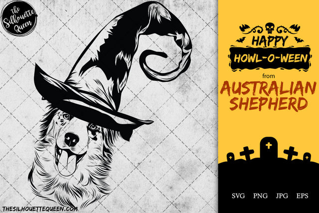 Australian Shepherd dog svg portrait clipart vector graphic art Witch hat Halloween dog Cricut cut file cuttable design SVG Loveleen Kaur 