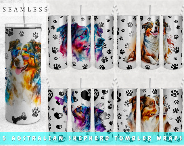 Australian Shepherd Tumbler Wraps Bundle, 20 Oz Skinny Tumbler Australian Shepherd Sublimation Designs, Seamless Aussie PNG, 5 Designs Sublimation HappyDesignStudio 