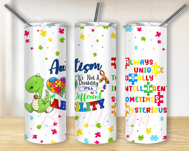 Autism 20oz Skinny Tumbler Png, Autism Awareness, Rainbow Tumbler Wrap, Dinosaur Autism Awareness Tumbler, Autism Dinosaur Sublimation Sublimation BouDesign 
