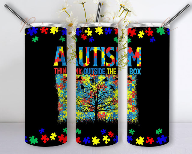 Autism Awareness Ribbon Tumbler PNG Think Outside Box Sublimation Designs Downloads, Skinny Tumbler 20oz Design Download PNG Sublimation PixelChick 