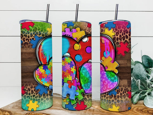 Autism Hearts 20oz Skinny Tumbler Png, Autism Awareness Hearts Puzzle Leopard Tumbler, Floral Autism Tumbler, Autism Tumbler Png, Western Tumbler Png Sublimation iStyleDesign 
