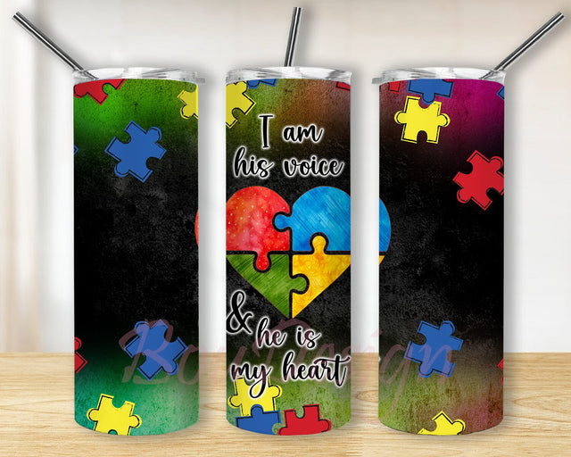 Autism I Am His Voice 20oz Skinny Tumbler Png, Puzzle Heart, Rainbow Colors, Autism Ribbon, Autism Rainbow Tumbler Png Sublimation BouDesign 