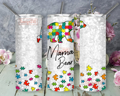 Autism Mama Bear 20oz Tumbler Template, Bear Puzzle Tumbler Png, Mama Bear Glitter Tumbler Wrap, Autism Sublimation Design, Instant Download Sublimation DesignSVG 