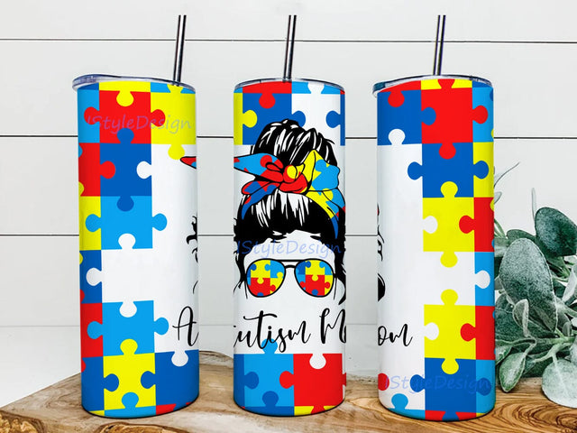 Autism Mom 20oz Tumbler Template, Autism Awareness Tumbler Png, Messy Bun Mom Design Tumbler, Puzzle Tumbler Wrap, Autism Awareness Skinny Tumbler, Instant Download Sublimation iStyleDesign 