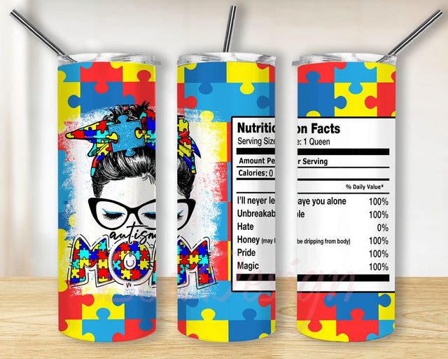 Autism Mom Life 20oz Skinny Tumbler Sublimation Wrap Design PNG Digital Download Sublimation BouDesign 