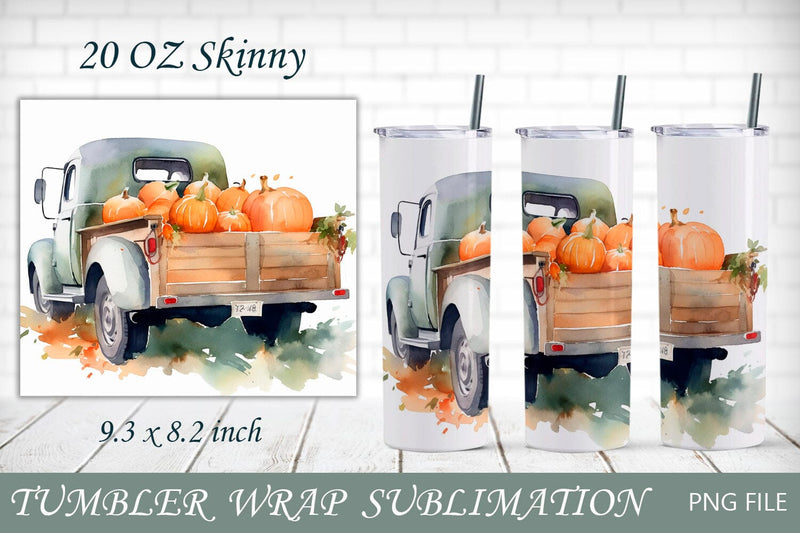 Autumn 20 oz tumbler wrap png, Fall vintage truck with pumpkin Sublimation AnastasiyaArtDesign 