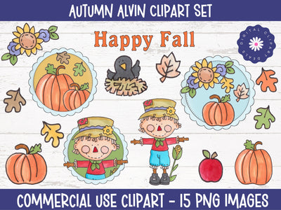 Autumn Alvin Clipart Set - Pumpkins, Leaves, Scarecrow - DIY Crafts, Teaching Resources Sublimation Digital Clipart Deals 