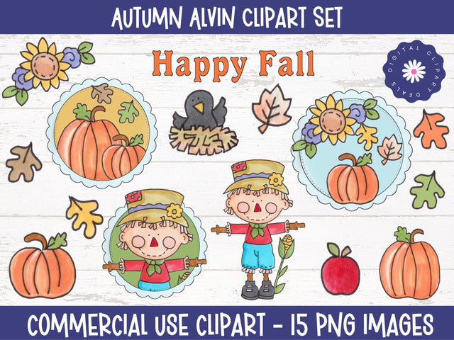 Autumn Alvin Clipart Set - Pumpkins, Leaves, Scarecrow - DIY Crafts, Teaching Resources Sublimation Digital Clipart Deals 