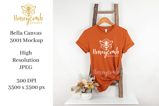 Autumn Bella Canvas 3001 Mockup, Hanging Ladder Mockup, Women's T-Shirt Mockup Mock Up Photo Honeycomb Mockups 