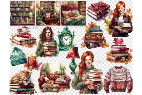 Autumn Clipart Bundle | Reading Illustrations Collection SVG GlamArtZhanna 