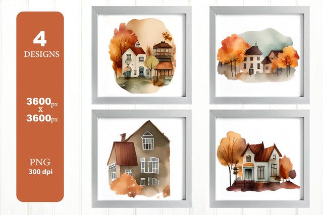 Autumn Clipart PNG. Watercolor Fall House, Nature Clipart PNG Sublimation Olga Terlyanskaya 