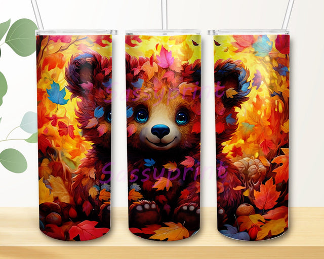 Autumn Color Palette 20oz Skinny Tumbler Png, A Baby Bear With Autumn Leaves And Shiny Gitters Png, Wildlife Bear and Young in Autumn Field Design Tumbler Wrap Sublimation sassyprint 