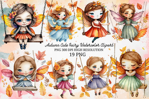 Autumn Cute Fairy Watercolor Clipart Sublimation Rupkotha 