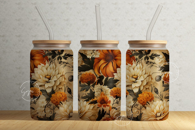 Autumn Fall Flowers, Boho Floral Wrap, 16 oz Libbey Glass Jar Tumbler Sublimation Wrap Design, Flower Glass Can Design, Wild Flower, Digital Sublimation Syre Digital Creations 