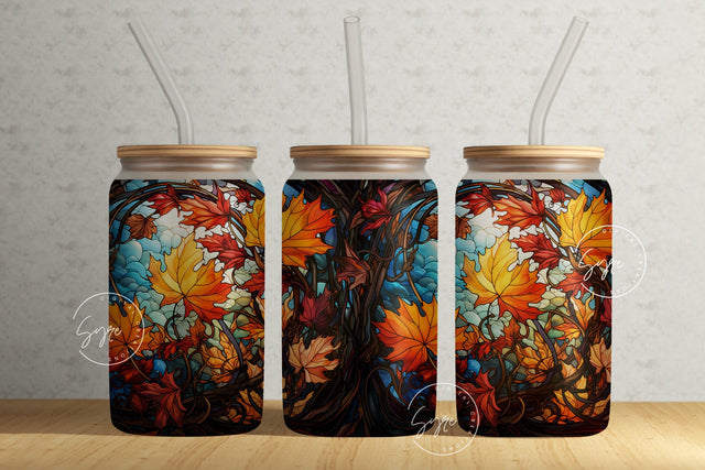 Autumn Fall Leaves, Stained Glass Design, 16oz Libbey Glass Jar Tumbler Sublimation Wrap, Flower Glass Can Design, Boho Flowers, Digital Sublimation Syre Digital Creations 