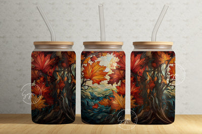 Autumn Fall Leaves, Stained Glass Design, 16oz Libbey Glass Jar Tumbler Sublimation Wrap, Flower Glass Can Design, Boho Flowers, Digital Sublimation Syre Digital Creations 