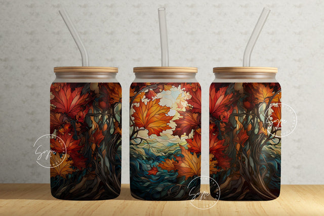 Autumn Fall Leaves, Stained Glass Design, 16oz Libbey Glass Jar Tumbler Sublimation Wrap, Flower Glass Can Design, Boho Flowers, Digital Sublimation Syre Digital Creations 