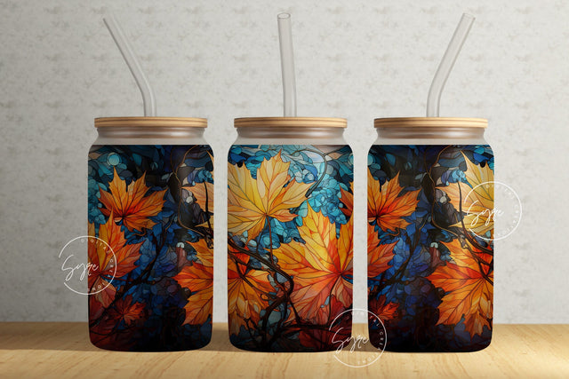 Autumn Fall Leaves, Stained Glass Design, 16oz Libbey Glass Jar Tumbler Sublimation Wrap, Flower Glass Can Design, Boho Flowers, Digital Sublimation Syre Digital Creations 