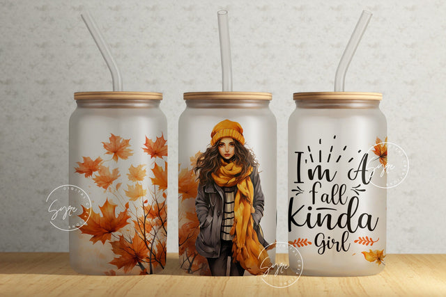Autumn Fall Tumbler, I'm a Fall Kinda Girl, 16 oz Libbey Glass Jar Sublimation Wrap Design, Flower Glass Can, Wild, Boho, Digital File Sublimation Syre Digital Creations 